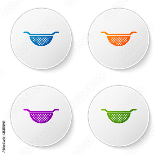 Color Kitchen colander icon isolated on white background. Cooking utensil. Cutlery sign. Set icons in circle buttons. Vector Illustration