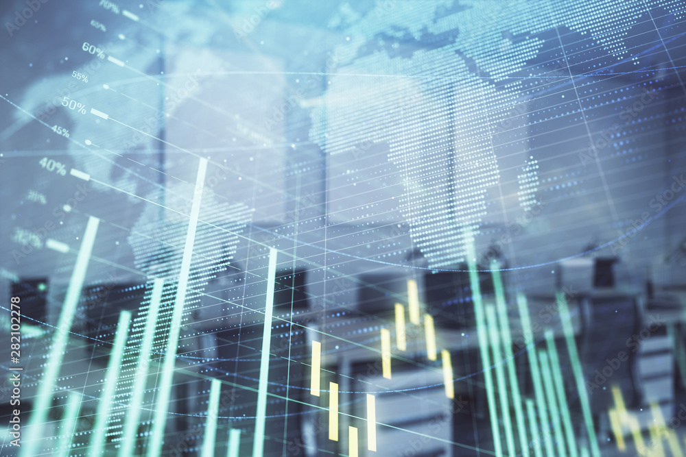 Stock and bond market graph and world map with trading desk bank office interior on background. Multi exposure. Concept of international finance