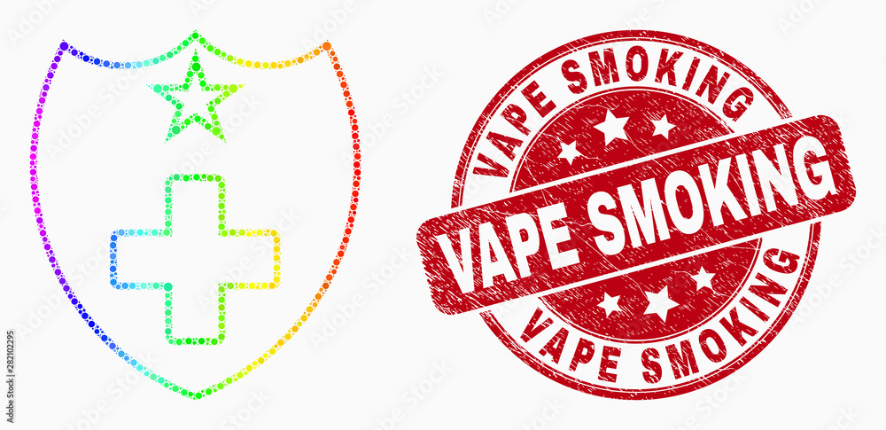 Pixel spectrum medical shield mosaic icon and Vape Smoking watermark. Red vector rounded textured watermark with Vape Smoking caption. Vector composition in flat style. Pixel spectrum medical shield mosaic icon and Vape Smoking watermark. Red vector rounded textured watermark with Vape Smoking caption. Vector composition in flat style.
