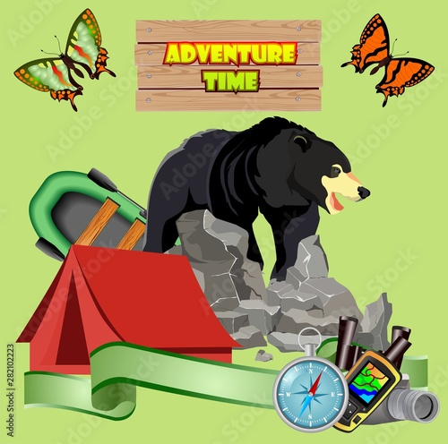 Ecotourism concept, vacation deals design concept with blacl bear, tent and backpack, sunglasses,animals, etc.