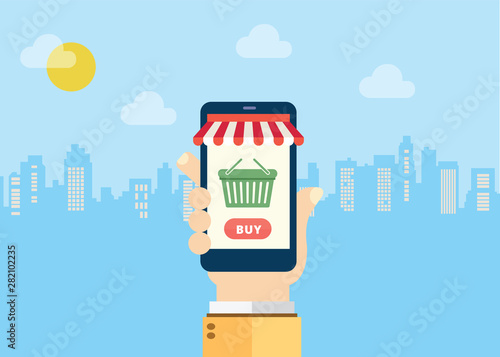Online shopping vector illustration, flat cartoon person buying something on internet shop, idea of ecommerce store on tablet screen,