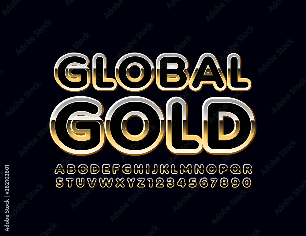 Fototapeta Vector premium label Global Gold with glossy Font. Black shiny Alphabet. Chic exclusive Letters and Numbers