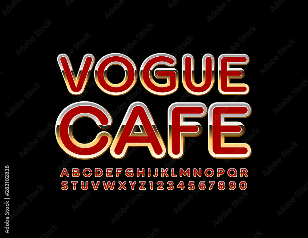 Vector chic emblem Vogue Cafe. Red and Golden Alphabet Letters, Numbers and Symbols. Bright stylish Font Vector chic emblem Vogue Cafe. Red and Golden Alphabet Letters, Numbers and Symbols. Bright stylish Font