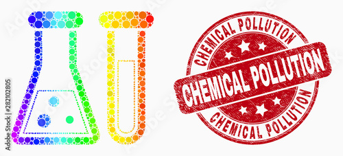 Pixelated bright spectral chemical glassware mosaic icon and Chemical Pollution seal. Red vector rounded grunge seal with Chemical Pollution caption. Vector collage in flat style.