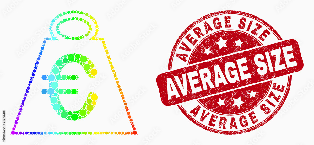 Pixelated bright spectral euro mass mosaic pictogram and Average Size seal stamp. Red vector rounded distress stamp with Average Size text. Vector combination in flat style. Pixelated bright spectral euro mass mosaic pictogram and Average Size seal stamp. Red vector rounded distress stamp with Average Size text. Vector combination in flat style.
