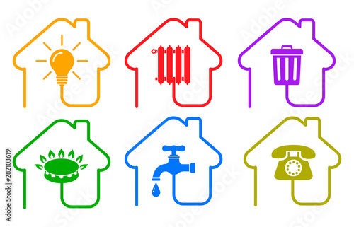 Utilities icons in flat style: water, gas, lighting, heating, phone, waste – stock vector photo