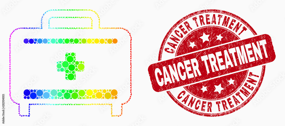 Obraz premium Pixelated bright spectral medical baggage mosaic pictogram and Cancer Treatment stamp. Red vector rounded grunge seal stamp with Cancer Treatment message. Vector composition in flat style.