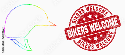Pixelated bright spectral motorcycle helmet mosaic pictogram and Bikers Welcome stamp. Red vector round textured seal stamp with Bikers Welcome caption. Vector collage in flat style.