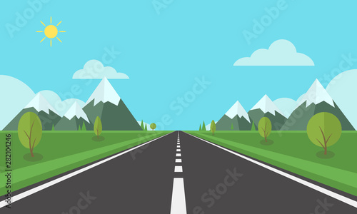 Road on background of natural landscape. Asphalt highway with markings in the countryside.