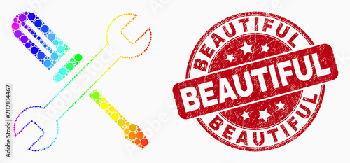 Pixelated bright spectral repair tools mosaic pictogram and Beautiful seal stamp. Red vector round textured stamp with Beautiful text. Vector collage in flat style.
