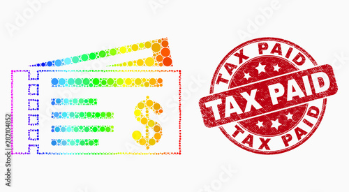 Pixelated rainbow gradiented dollar cheques mosaic icon and Tax Paid seal stamp. Red vector round textured seal stamp with Tax Paid text. Vector composition in flat style.