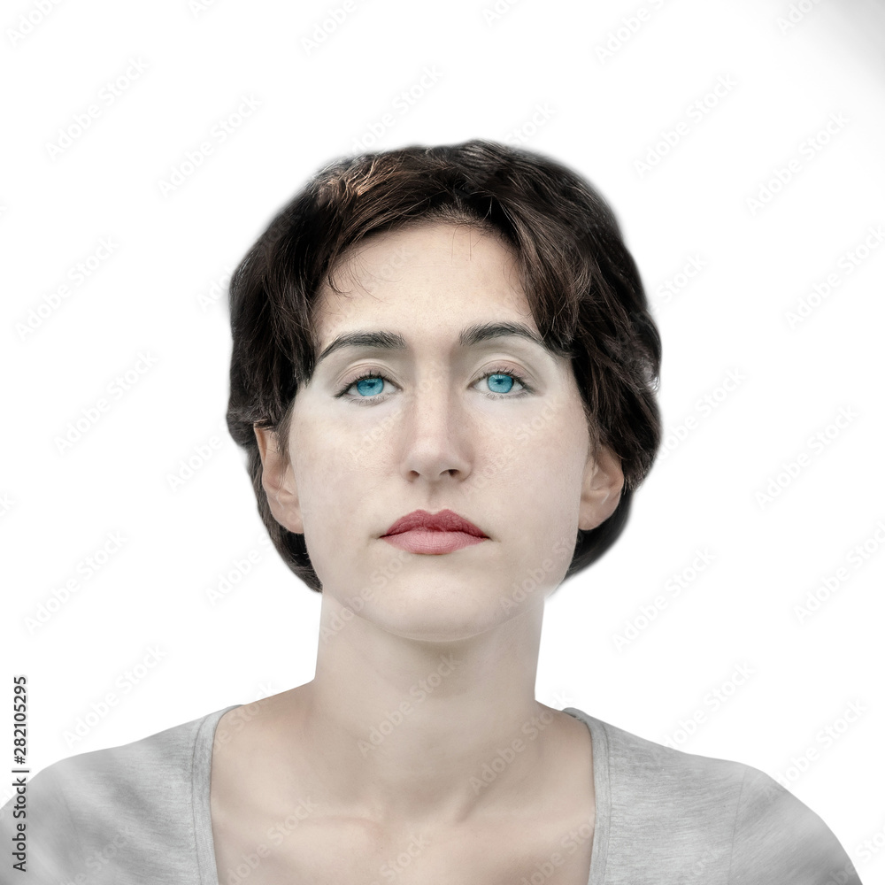 Portrait of a young serious woman with blue eyes in a cold style Portrait of a young serious woman with blue eyes in a cold style
