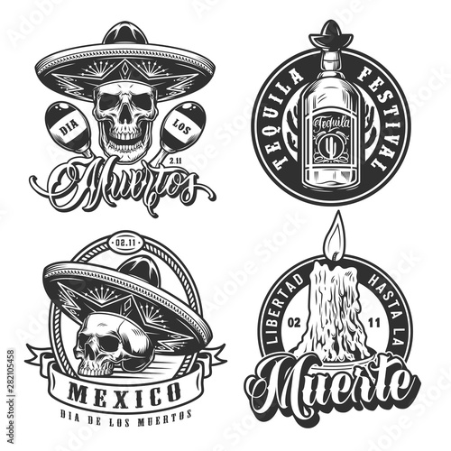 Dia De Los Muertos monochrome emblems