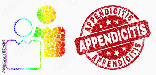 Pixelated rainbow gradiented users mosaic icon and Appendicitis stamp. Red vector round distress seal stamp with Appendicitis text. Vector combination in flat style.
