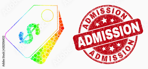 Pixelated spectral dollar tags mosaic pictogram and Admission seal stamp. Red vector rounded textured seal with Admission message. Vector combination in flat style.