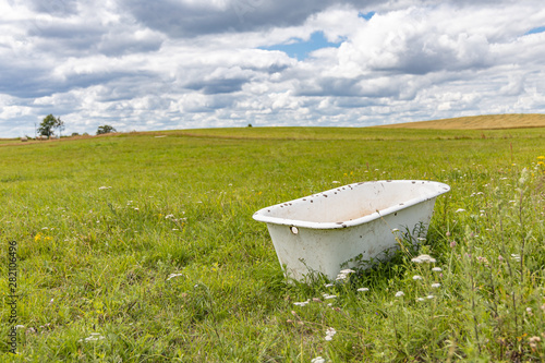 Obraz na płótnie Old bath tube in the middle of the meadow. w salonie