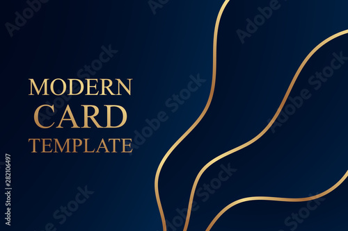 Modern geometric luxury card template for business or presentation or greeting with golden wavy lines on a navy blue background.