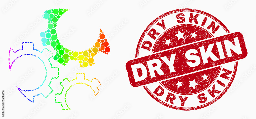 Pixelated spectral gears mosaic icon and Dry Skin seal stamp. Red vector round grunge stamp with Dry Skin title. Vector composition in flat style. Colorful gradient gears mosaic of randomized dots, Pixelated spectral gears mosaic icon and Dry Skin seal stamp. Red vector round grunge stamp with Dry Skin title. Vector composition in flat style. Colorful gradient gears mosaic of randomized dots,