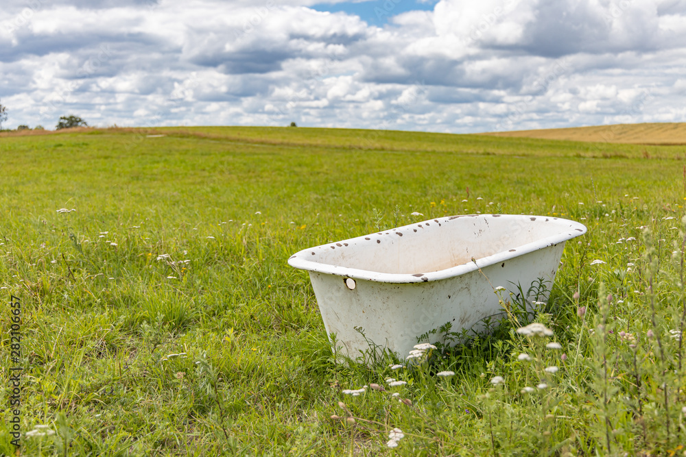 Old bath tube in the middle of the meadow.