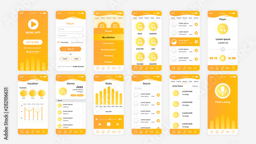 Set of UI, UX, GUI screens Music app flat design template for mobile apps, responsive website wireframes. Web design UI kit. Music Dashboard.
