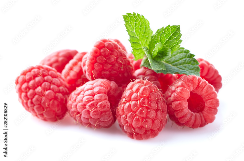 Raspberry with mint leaves on white background Raspberry with mint leaves on white background