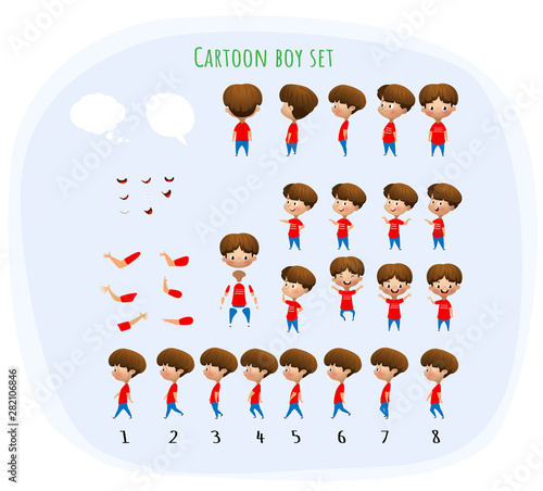 Cute young male boy character set for animation with various views
