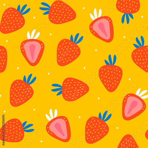 Juicy strawberries. Hand drawn vector seamless pattern. Colored trendy illustration. Flat design. Cartoon style. Yellow background