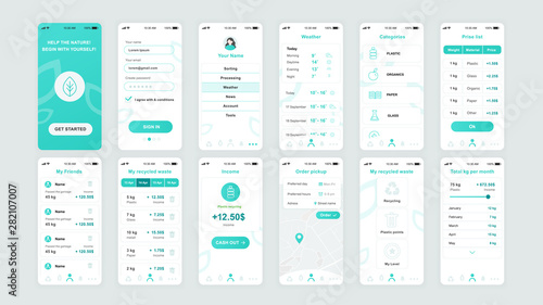 Set of UI, UX, GUI screens Ecology app flat design template for mobile apps, responsive website wireframes. Web design UI kit. Ecology Dashboard.