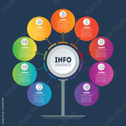 Business presentation concept with 9 options. Template of tree, info chart or diagram with nine process. Infographic of technology or education with 9 steps. Dark background.