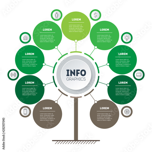 Vertical Timeline infographics. Tree of development and growth of the agriculture business. Time line of trends. Business concept with 9 options, parts, steps or processes.