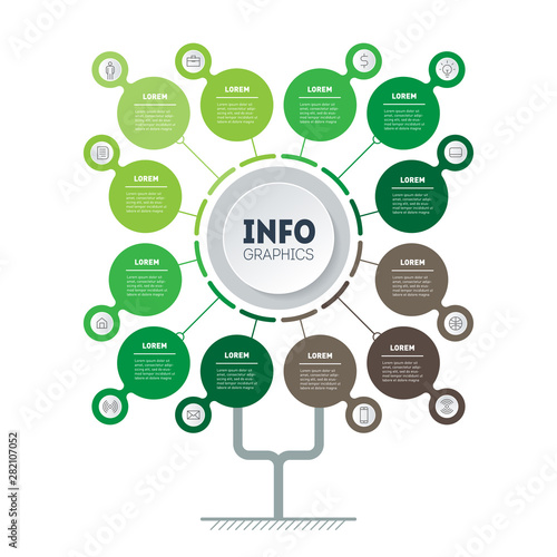 Infographic of green technology or education process with 12 points. Template of tree, info chart or diagram. Vertical eco Business presentation concept with 12 options.