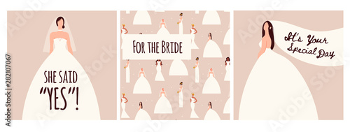 Brides in trendy wedding dresses standing in various poses. Fashion look.  Female faceless characters. Hand drawn colored vector set of three wedding illustrations. Flat design