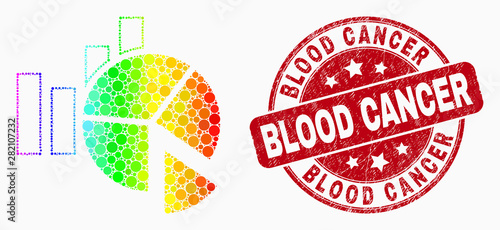 Pixelated spectral statistics charts mosaic pictogram and Blood Cancer seal. Red vector round scratched seal stamp with Blood Cancer caption. Vector composition in flat style.