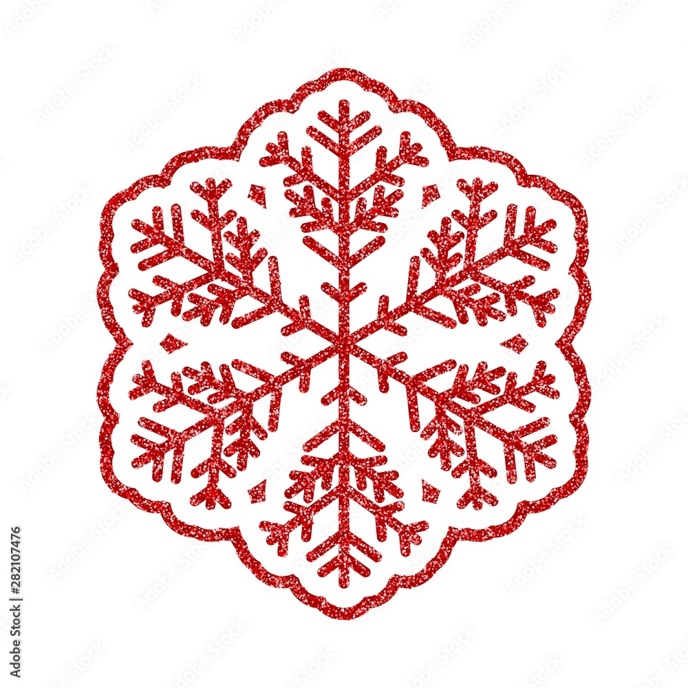 Shining red snowflakes and snow. Merry Christmas card illustration on white background. Sparkling element with glitter texture