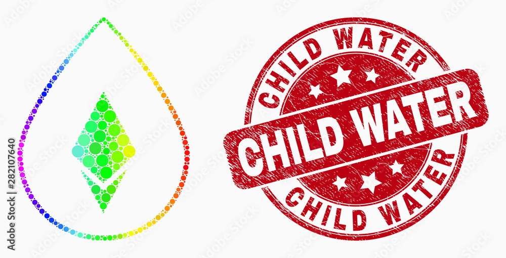 Pixelated spectrum crystal drop mosaic icon and Child Water seal. Red vector rounded grunge seal stamp with Child Water phrase. Vector composition in flat style. Pixelated spectrum crystal drop mosaic icon and Child Water seal. Red vector rounded grunge seal stamp with Child Water phrase. Vector composition in flat style.