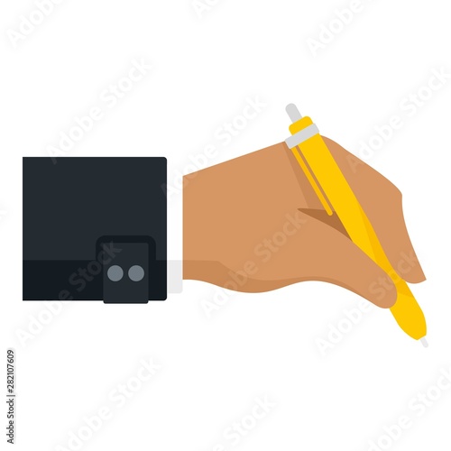 Hand writing yellow pen icon. Flat illustration of hand writing yellow pen vector icon for web design