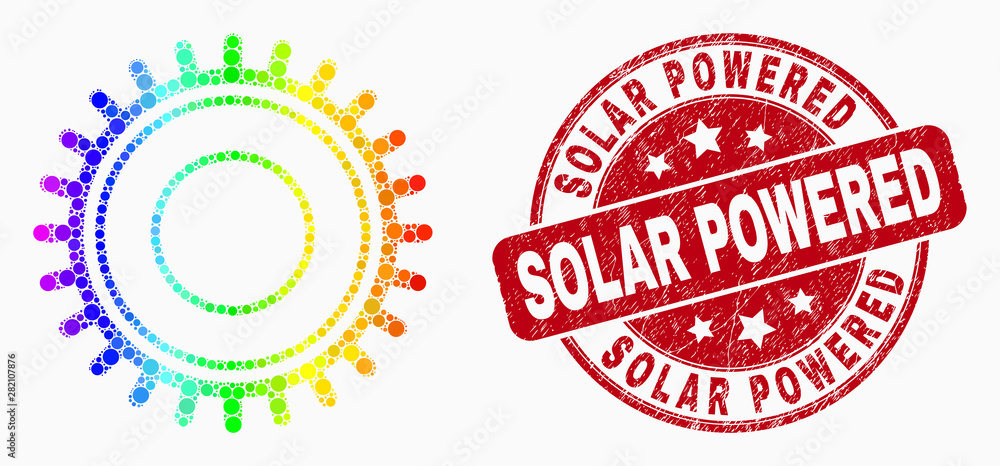 Pixelated spectrum gear mosaic pictogram and Solar Powered seal stamp. Red vector rounded textured seal stamp with Solar Powered text. Vector collage in flat style.