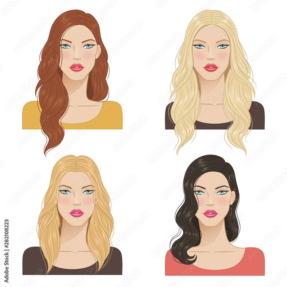 Beautiful young women with fashion trendy hairstyles. Fashion models with beautiful hair, vector illustration.