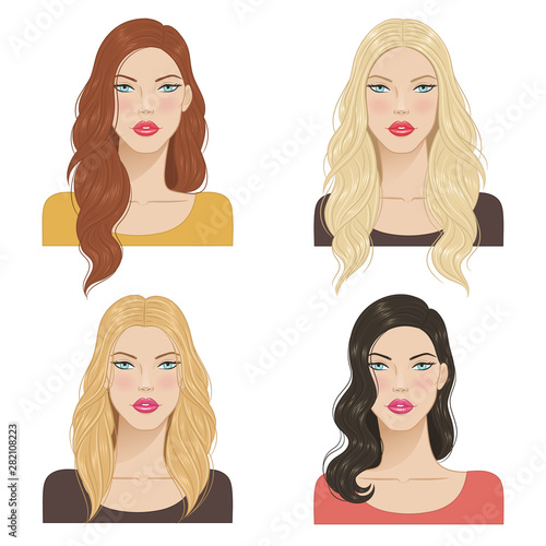 Beautiful young women with fashion trendy hairstyles. Fashion models with beautiful hair, vector illustration.