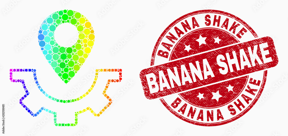 Pixelated spectrum service map marker mosaic pictogram and Banana Shake seal stamp. Red vector rounded textured seal stamp with Banana Shake phrase. Vector combination in flat style. Pixelated spectrum service map marker mosaic pictogram and Banana Shake seal stamp. Red vector rounded textured seal stamp with Banana Shake phrase. Vector combination in flat style.