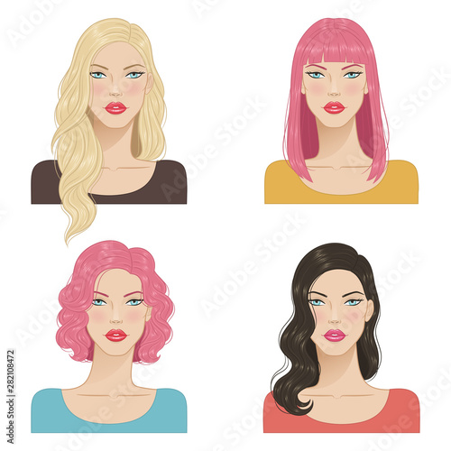 Beautiful young women with fashion trendy hairstyles. Fashion models with beautiful hair, vector illustration.