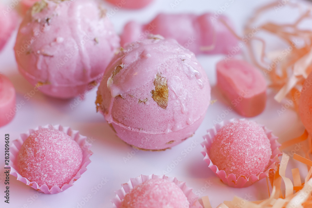 Close up view of handmade bath bomb, bubble bars and body scrub Close up view of handmade bath bomb, bubble bars and body scrub