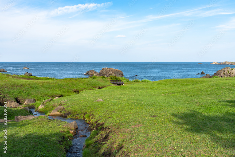 Beautiful Tanesashi kaigan Coast. The coastline includes both sandy and rocky beaches, and grassy meadows scenic views