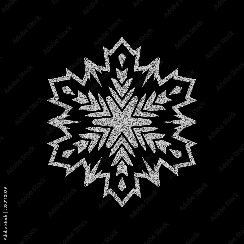 Shining silver snowflakes and snow. Merry Christmas card illustration on black background. Sparkling element with glitter texture Shining silver snowflakes and snow. Merry Christmas card illustration on black background. Sparkling element with glitter texture