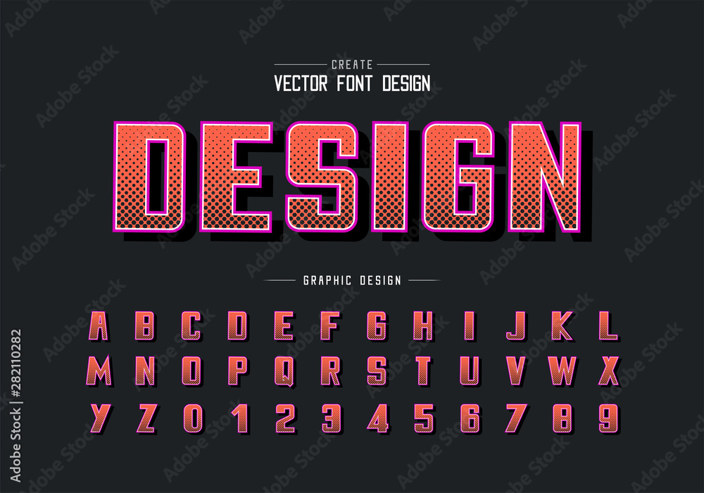 Halftone hexagon font and bold alphabet vector, Digital typeface and number design, Graphic text on background