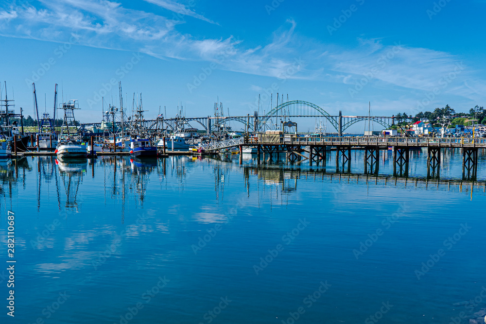 Boats and bridge in Newport, Oregon