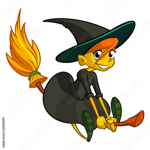 Cartoon cute witch flying on her broom