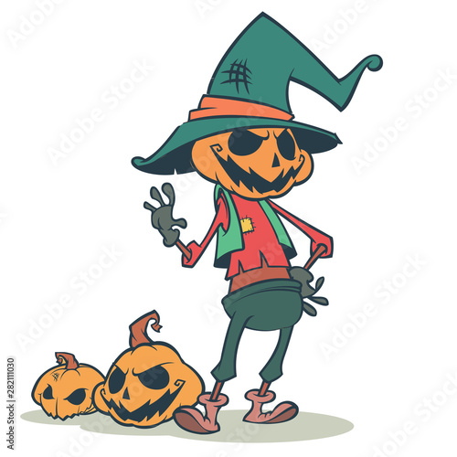 Halloween cartoon scarecrow pumpkin head. Halloween illustration