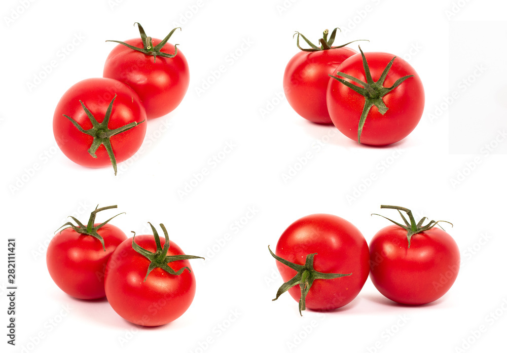 Red tomatoes on a white background. A group of tomatoes with herbs on a white background. Red tomatoes on a white background. A group of tomatoes with herbs on a white background.