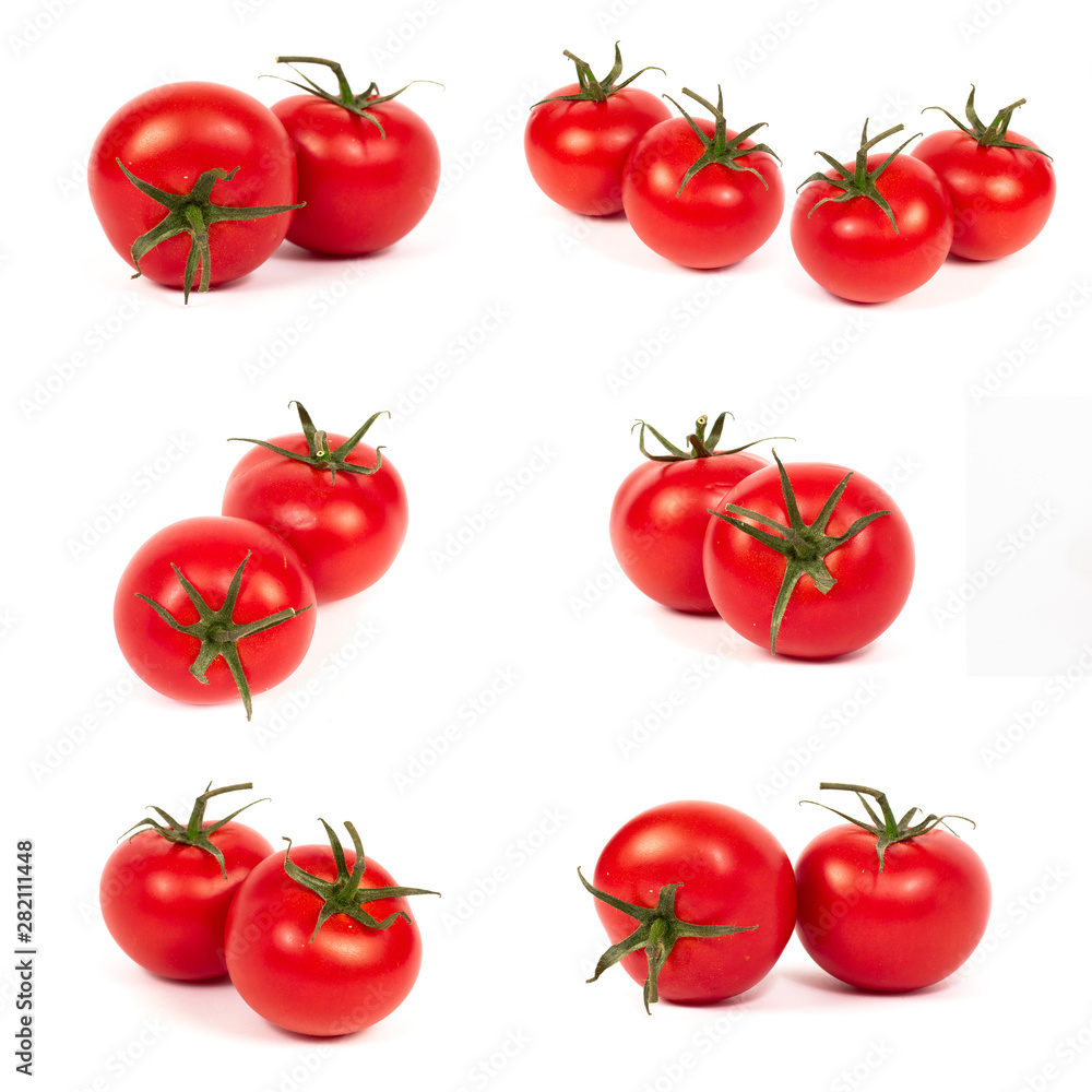 Red tomatoes on a white background. A group of tomatoes with herbs on a white background. Red tomatoes on a white background. A group of tomatoes with herbs on a white background.